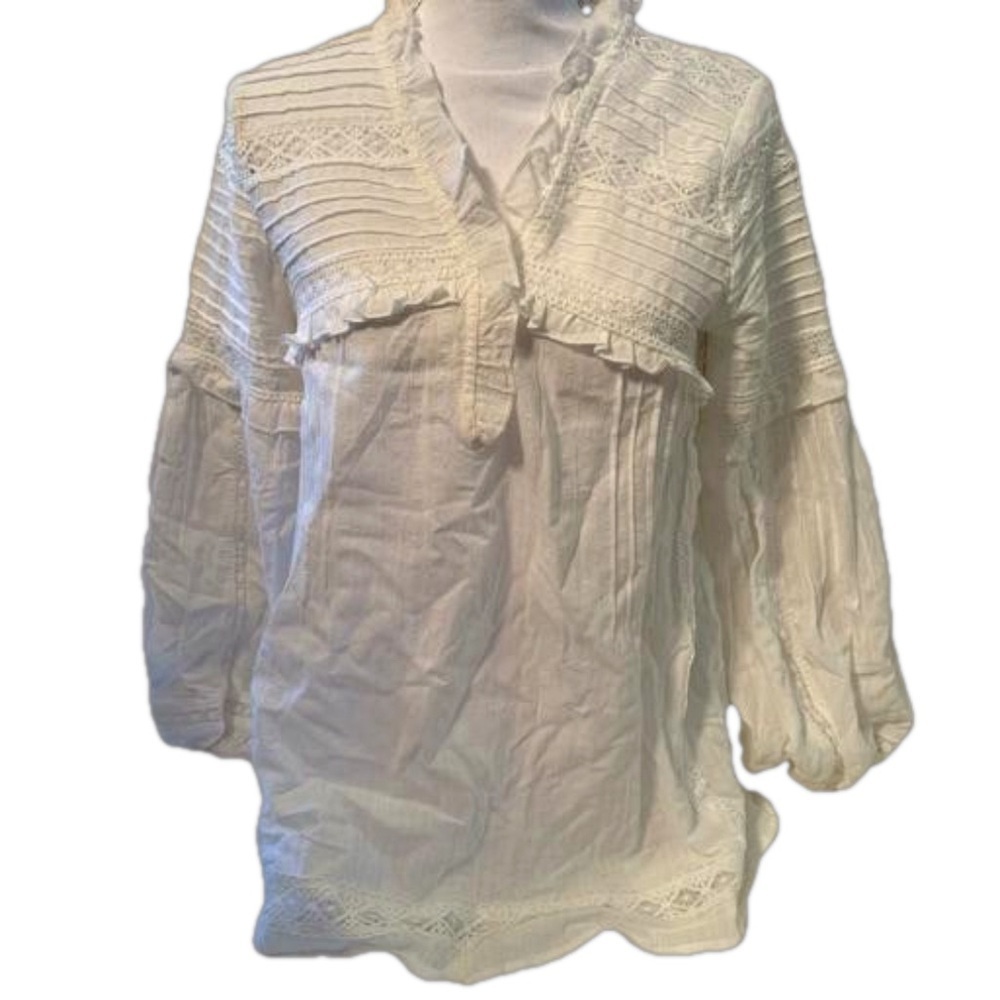 Lisa Robertson White Crinkle Gauze Linen Lace Shirt/Top. Size Small. NWT